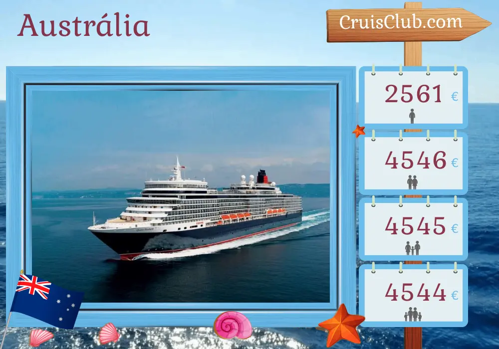 Cruzeiro na Austrália de Melbourne a Sydney a bordo do navio Queen Elizabeth com visitas à Austrália por 4 dias