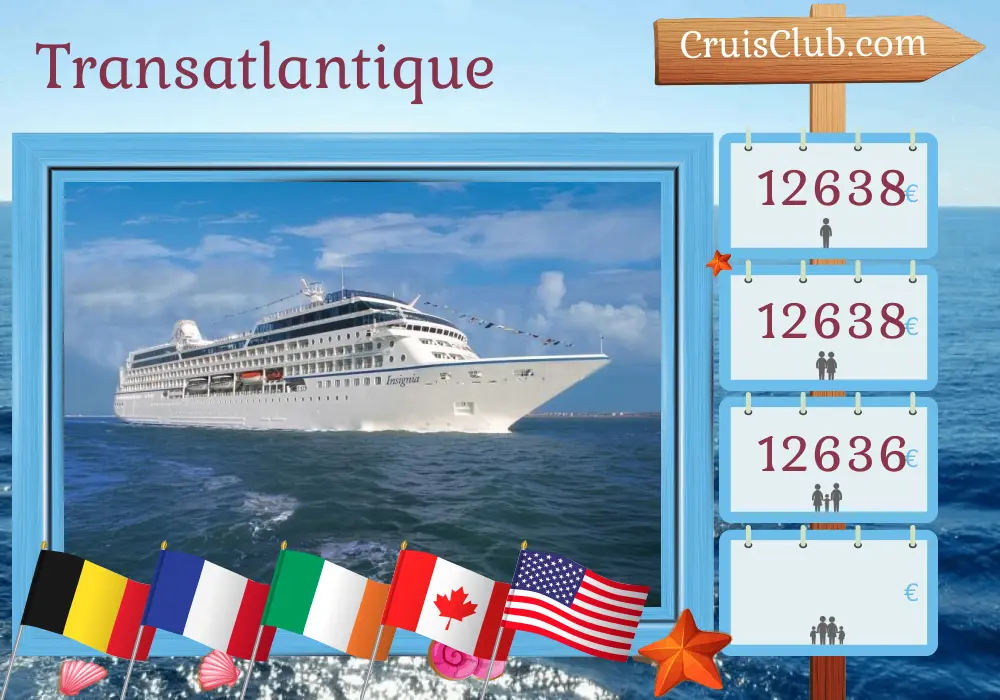 Croisière transatlantique de Tilbury à New York à bord du navire Insignia avec des visites en Belgique, en France, en Irlande, au Canada, à Saint-Pierre-et-Miquelon, aux États-Unis et aux Bermudes pendant 23 jours