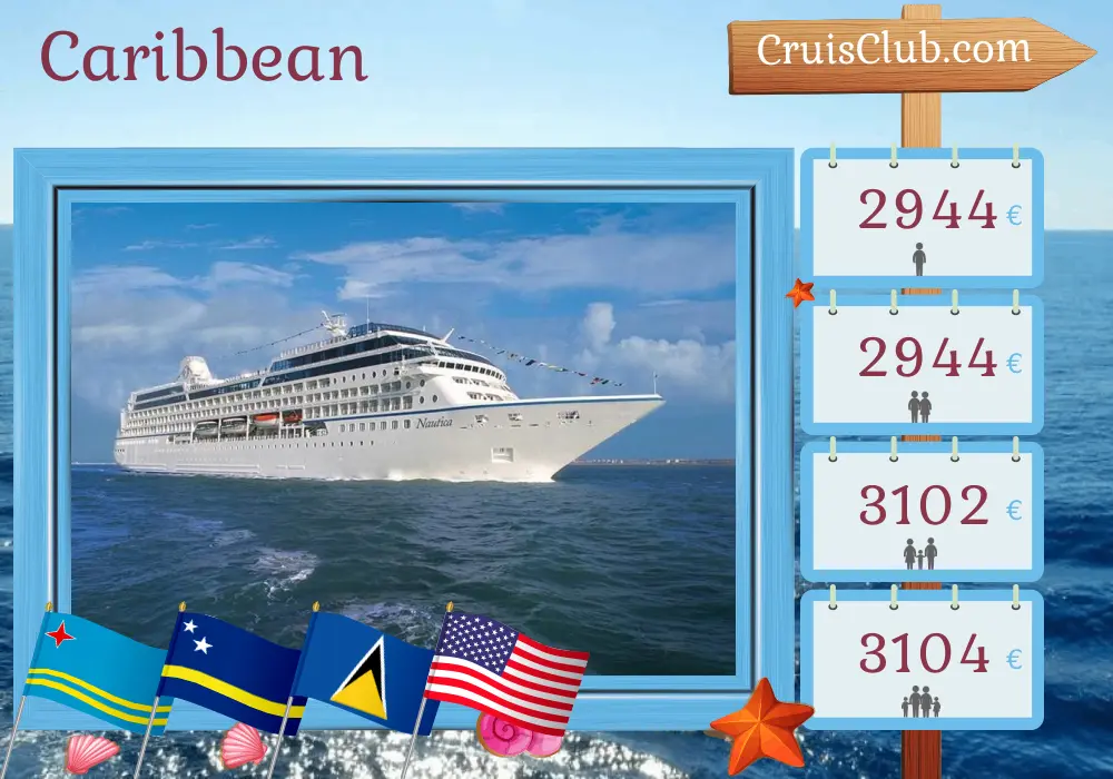 Caribbean Cruise from Cartagena to Miami aboard Nautica ship with visits to Colombia, Aruba, Curaçao, Saint Lucia, Saint Barthélemy, Puerto Rico, Dominican Republic, and USA for 11 days