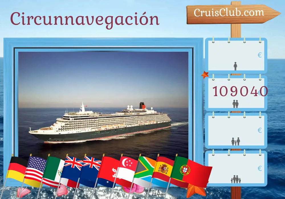 Crucero en el recorrido mundial desde Hamburgo a bordo del barco Queen Victoria con visitas a Alemania, Bermudas, Estados Unidos, Aruba, Panamá, Guatemala, México, Samoa, Fiji, Nueva Zelanda, Australia, Indonesia, Filipinas, Hong Kong, Vietnam, Singapur, Sri Lanka, Mauricio, Sudáfrica, Namibia, España y Portugal durante 112 días