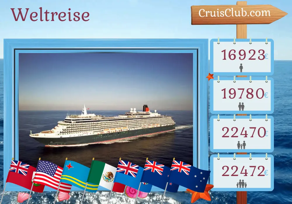 Weltreise-Kreuzfahrt von Southampton nach Sydney an Bord des Kreuzfahrtschiffes Queen Victoria mit Zwischenstopps in Bermuda, den USA, Aruba, Panama, Guatemala, Mexiko, Samoa, Fiji, Neuseeland und Australien für 53 Tage