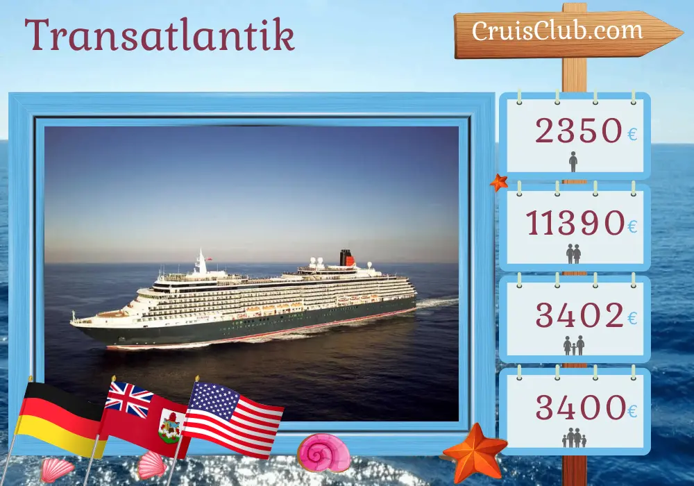 Transatlantik-Kreuzfahrt von Hamburg nach Fort Lauderdale an Bord des Schiffes Queen Victoria mit Besuchen in Deutschland, Bermuda und den USA für 14 Tage