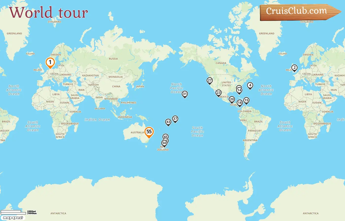 Cruise in the World tour from Hamburg to Sydney aboard Queen Victoria ship with visits to Germany, Bermuda, USA, Aruba, Panama, Guatemala, Mexico, Samoa, Fiji, New Zealand, and Australia for 55 days