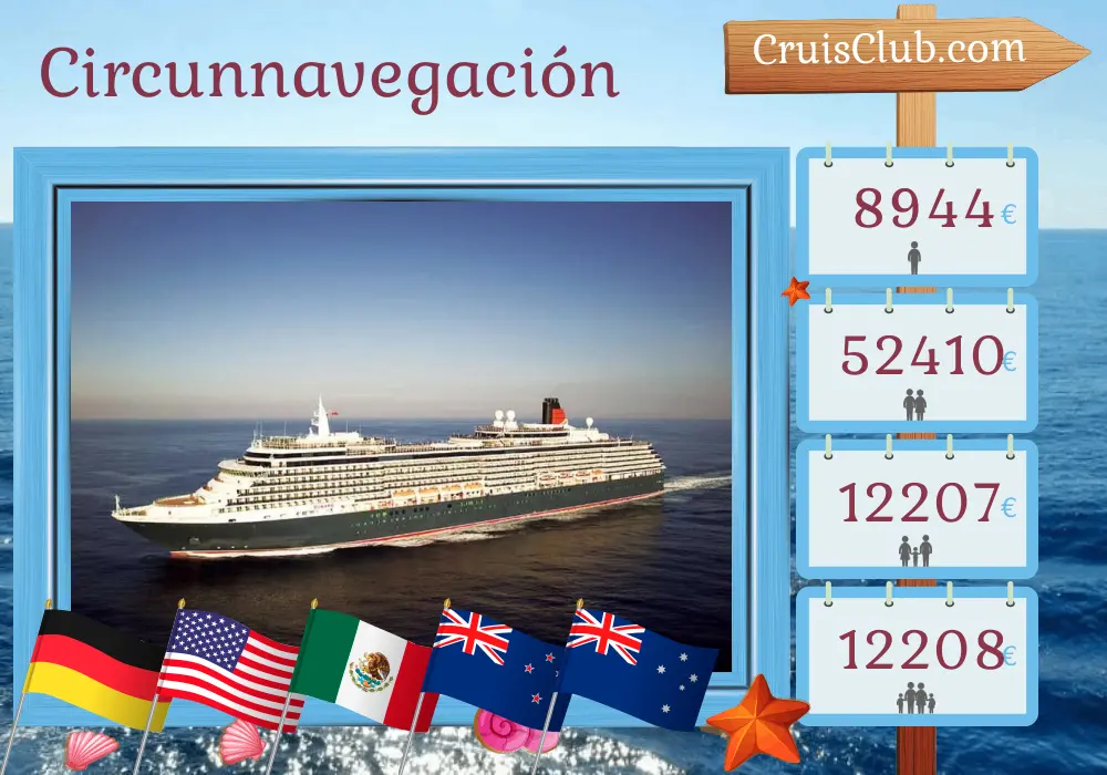 Crucero en el World Tour desde Hamburgo hasta Sídney a bordo del barco Queen Victoria con visitas a Alemania, Bermudas, Estados Unidos, Aruba, Panamá, Guatemala, México, Samoa, Fiji, Nueva Zelanda y Australia durante 55 días