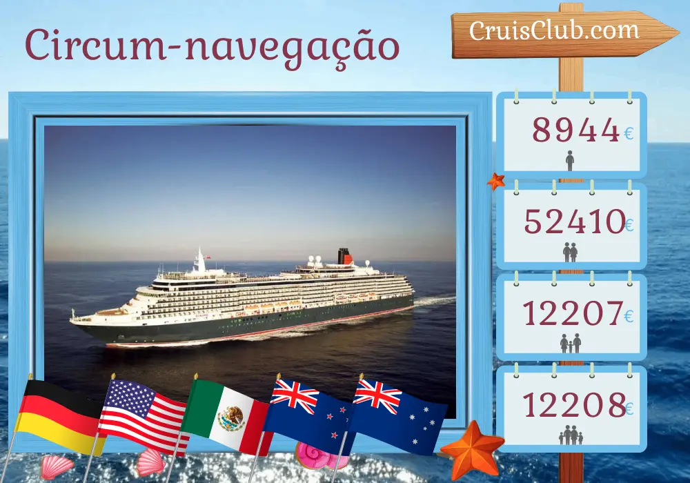 Cruzeiro no passeio mundial de Hamburgo a Sydney a bordo do navio Queen Victoria com visitas à Alemanha, Bermudas, EUA, Aruba, Panamá, Guatemala, México, Samoa, Fiji, Nova Zelândia e Austrália por 55 dias