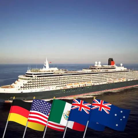 Cruzeiro no passeio mundial de Hamburgo a Sydney a bordo do navio Queen Victoria com visitas à Alemanha, Bermudas, EUA, Aruba, Panamá, Guatemala, México, Samoa, Fiji, Nova Zelândia e Austrália por 55 dias