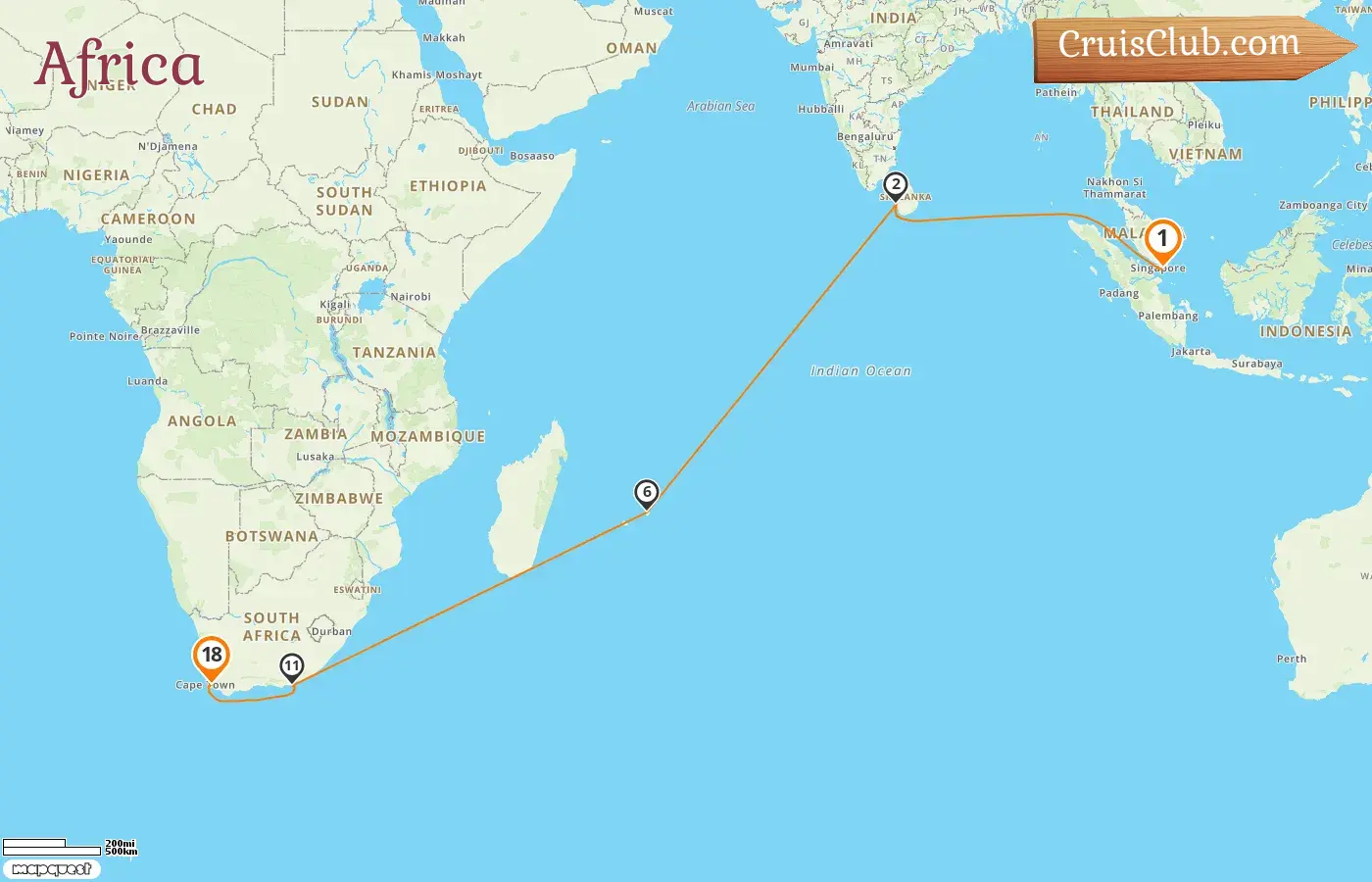 Queen Victoria Kreuzfahrt in Afrika von Singapur nach Kapstadt mit Besuchen in Singapur, Sri Lanka, Mauritius und Südafrika für 18 Tage