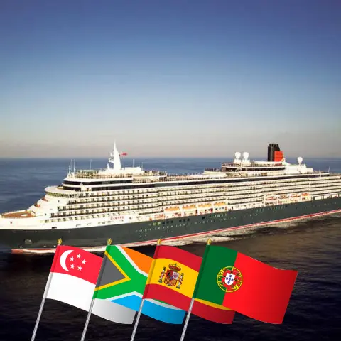 Cruzeiro na África de Singapura a Southampton a bordo do navio Queen Victoria com visitas a Singapura, Sri Lanka, Maurício, África do Sul, Namíbia, Espanha e Portugal por 34 dias