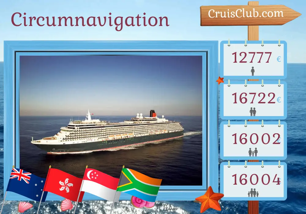 Croisière dans le tour du monde de Sydney au Cap à bord du navire Queen Victoria avec des visites en Australie, en Indonésie, aux Philippines, à Hong Kong, au Viêt Nam, à Singapour, au Sri Lanka, à l`île Maurice et en Afrique du Sud pendant 40 jours