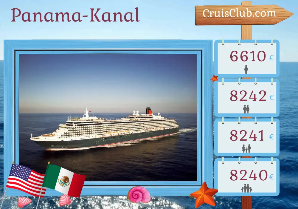 Kreuzfahrt im Panama-Kanal von Southampton nach San Francisco an Bord des Queen Victoria-Schiffs mit Besuchen in Bermuda, den USA, Aruba, Panama, Guatemala und Mexiko für 28 Tage