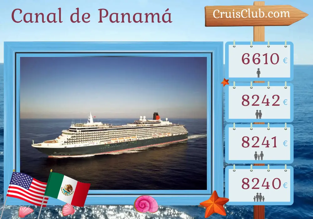 Cruise in the Panama Canal from Southampton to San Francisco aboard Queen Victoria ship with visits to Bermuda, USA, Aruba, Panama, Guatemala, and Mexico for 28 days. Crucero por el Canal de Panamá desde Southampton a San Francisco a bordo del barco Queen Victoria con visitas a Bermuda, Estados Unidos, Aruba, Panamá, Guatemala y México durante 28 días