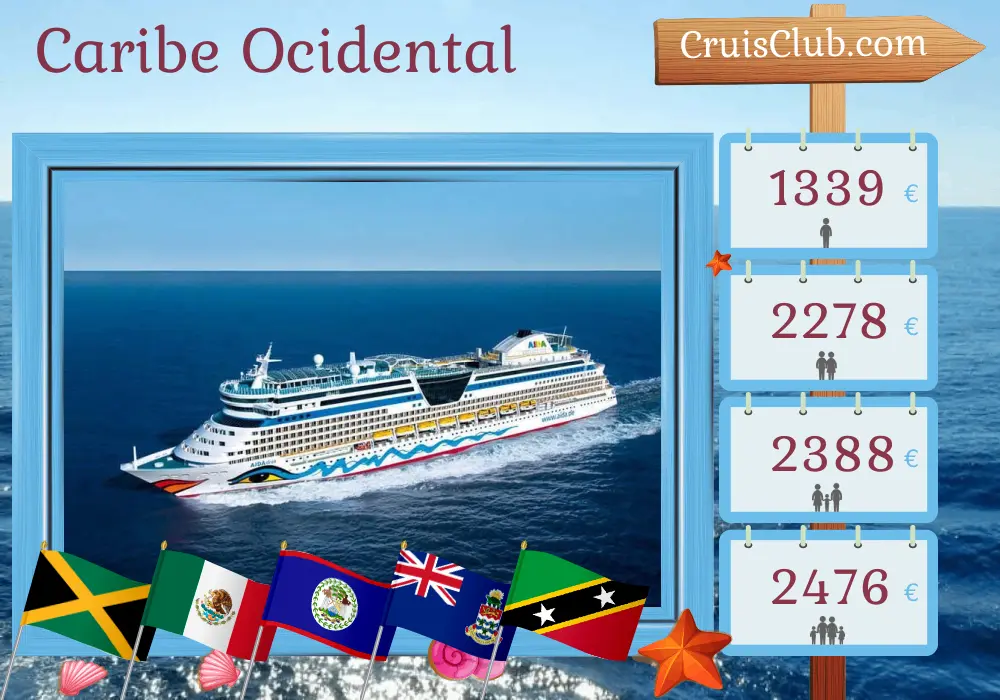 Cruzeiro no Caribe Ocidental a partir de La Romana a bordo do navio AIDAdiva com visitas à República Dominicana, Jamaica, México, Belize, Ilhas Cayman, Ilhas Virgens Britânicas e São Cristóvão e Névis por 15 dias