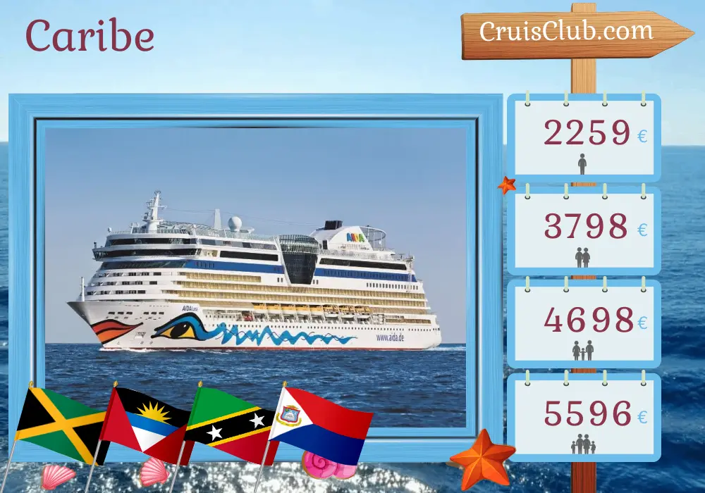 Crucero por el Caribe desde Montego Bay a bordo del barco AIDAluna con visitas a Jamaica, Costa Rica, Panamá, Colombia, República Dominicana, San Cristóbal y Nieves, y las Islas Vírgenes Británicas durante 15 días