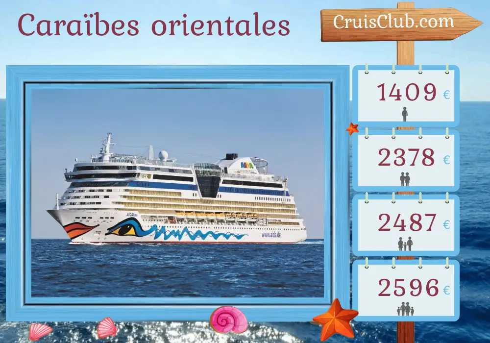 Croisière dans les Caraïbes de l`Est depuis La Romana à bord du navire AIDAluna avec des escales en République dominicaine, à Saint-Kitts-et-Nevis, aux îles Vierges britanniques, en Jamaïque, au Costa Rica, au Panama et en Colombie pendant 15 jours