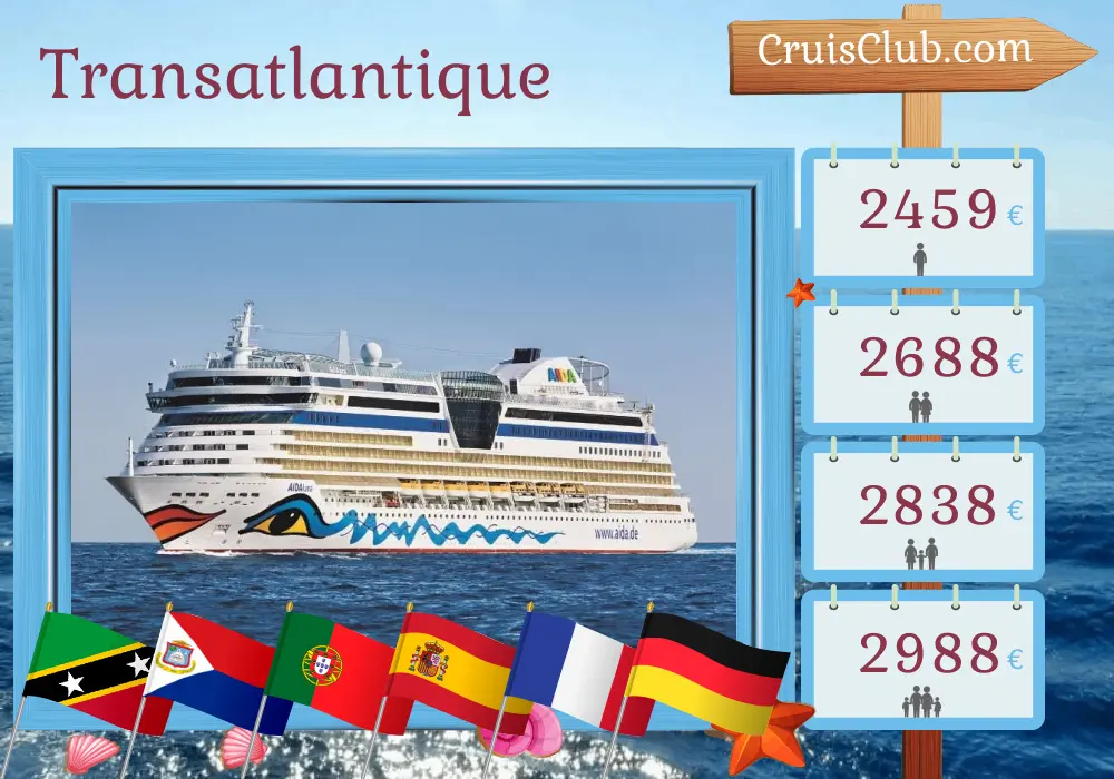 Croisière en transatlantique de La Romana à Hambourg à bord du navire AIDAluna avec des visites en République dominicaine, aux îles Vierges britanniques, à Saint-Kitts-et-Nevis, au Portugal, en Espagne, en France et en Allemagne pendant 20 jours