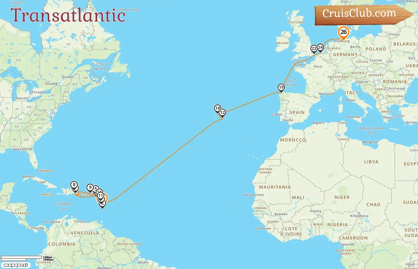 AIDAdiva Transatlantic Cruise from Fort-de-France to Hamburg with visits to Martinique, Saint Lucia, Dominica, Saint Kitts and Nevis, Dominican Republic, British Virgin Islands, Guadeloupe, Portugal, Spain, Belgium, and Germany for 26 days