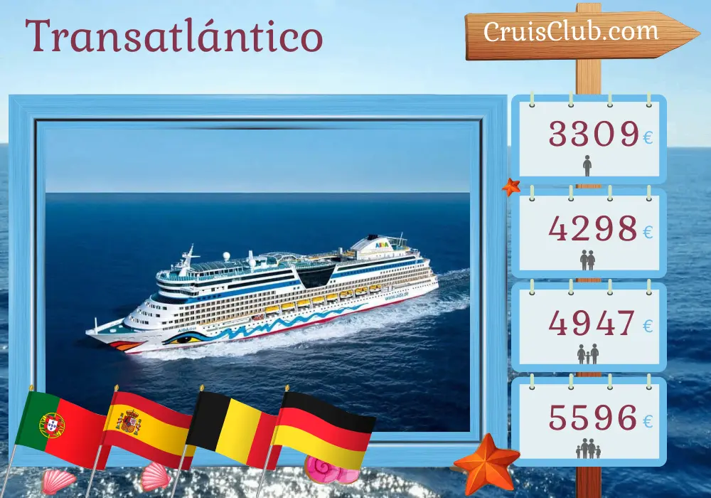 Crucero en el Transatlántico de Fort-de-France a Hamburgo a bordo del barco AIDAdiva con visitas a Martinica, Santa Lucía, Dominica, San Cristóbal y Nieves, República Dominicana, Islas Vírgenes Británicas, Guadalupe, Portugal, España, Bélgica y Alemania durante 26 días
