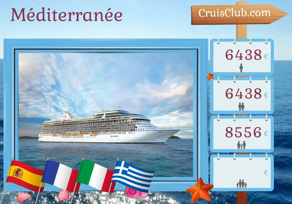 Croisière en Méditerranée de Barcelone à Le Pirée à bord du navire Riviera avec visites en Espagne, en France, en Italie, en Turquie et en Grèce pendant 11 jours