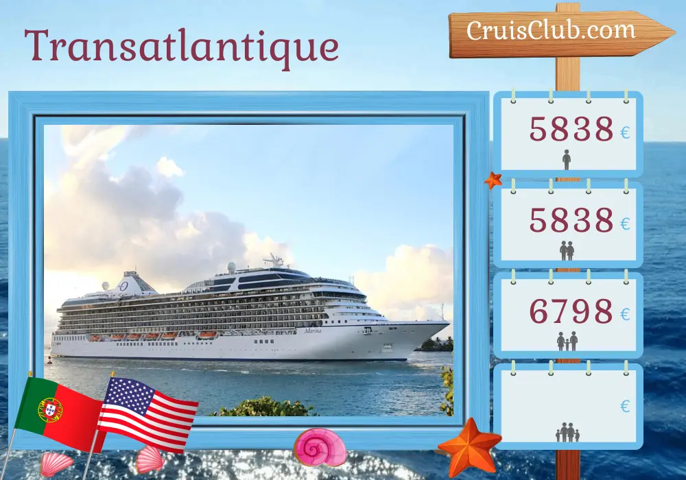 Croisière transatlantique de Lisbonne à Miami à bord du navire Marina avec escales au Portugal, à Porto Rico et aux États-Unis pendant 13 jours
