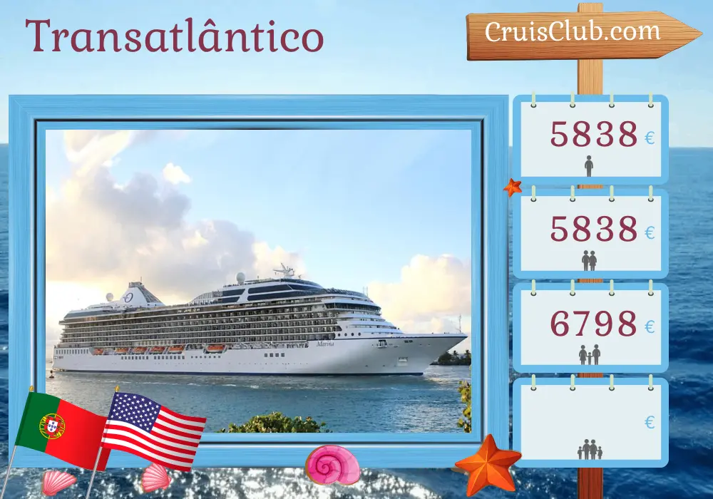 Cruzeiro Transatlântico de Lisboa para Miami a bordo do navio Marina com visitas a Portugal, Porto Rico e EUA por 13 dias