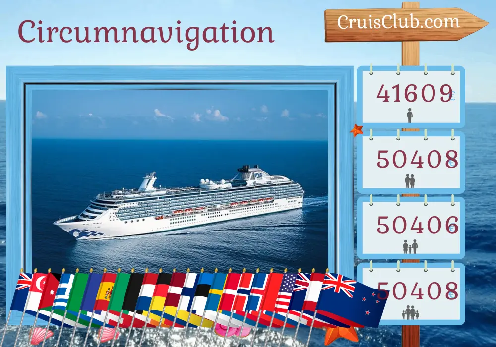 Croisière dans la tournée mondiale au départ de Sydney à bord du navire Coral Princess avec des visites en Australie, en Indonésie, à Singapour, au Sri Lanka, en Jordanie, en Égypte, en Grèce, en Italie, en France, en Espagne, au Maroc, en Irlande, en Belgique, aux Pays-Bas, en Allemagne, en Lettonie, en Finlande, en Estonie, en Suède, au Danemark, en Norvège, en Islande, au Canada, aux États-Unis, au Panama, en Équateur, au Pérou, au Chili, à Pitcairn, en Polynésie française et en Nouvelle-Zélande pendant 113 jours