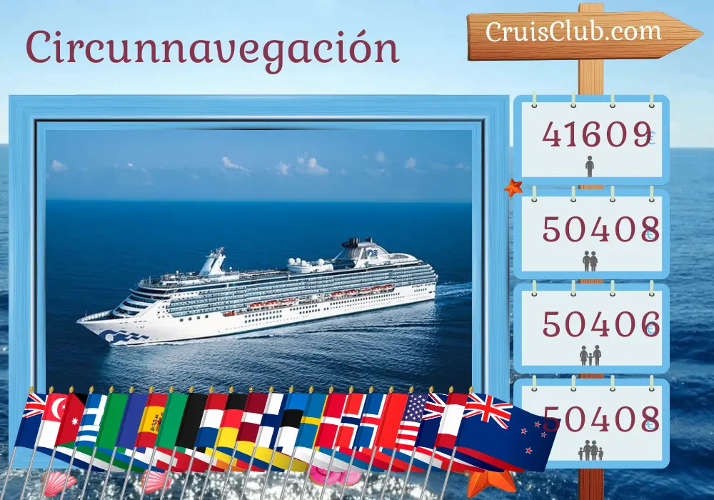 Crucero en el tour mundial desde Sydney a bordo del barco Coral Princess con visitas a Australia, Indonesia, Singapur, Sri Lanka, Jordania, Egipto, Grecia, Italia, Francia, España, Marruecos, Irlanda, Bélgica, Países Bajos, Alemania, Letonia, Finlandia, Estonia, Suecia, Dinamarca, Noruega, Islandia, Canadá, Estados Unidos, Panamá, Ecuador, Perú, Chile, Pitcairn, Polinesia Francesa y Nueva Zelanda durante 113 días