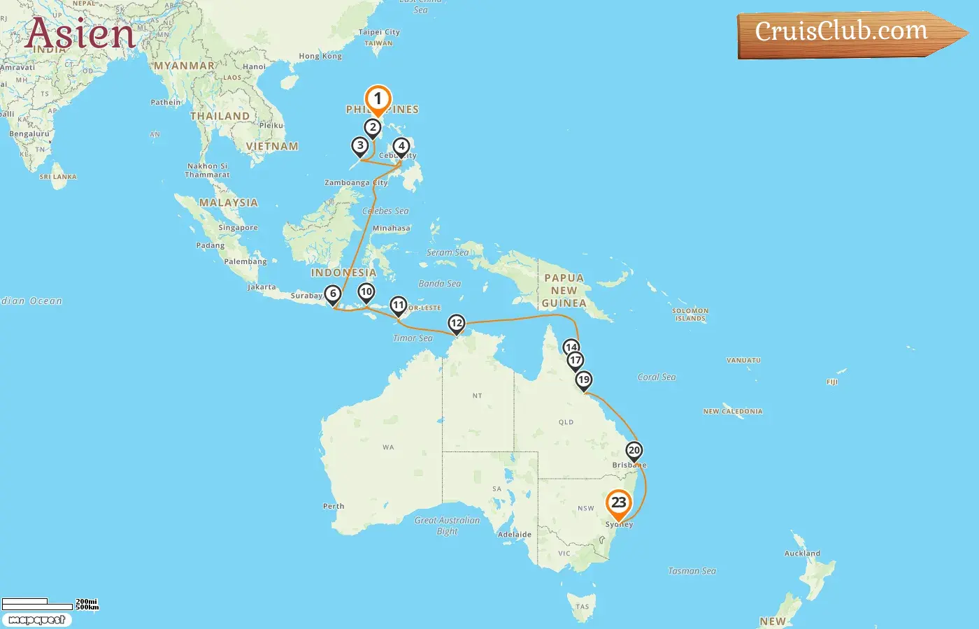 Kreuzfahrt in Asien von Manila nach Sydney an Bord des Schiffes Vasco da Gama mit Besuchen auf den Philippinen, in Indonesien und Australien für 23 Tage