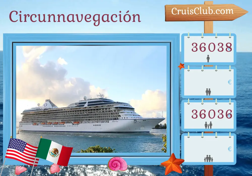 Crucero en el tour mundial desde Miami a Buenos Aires a bordo del barco Marina con visitas a Estados Unidos, México, Belice, Guatemala, Honduras, Costa Rica, Panamá, Ecuador, Perú, Chile, Argentina, Islas Malvinas y Uruguay durante 40 días