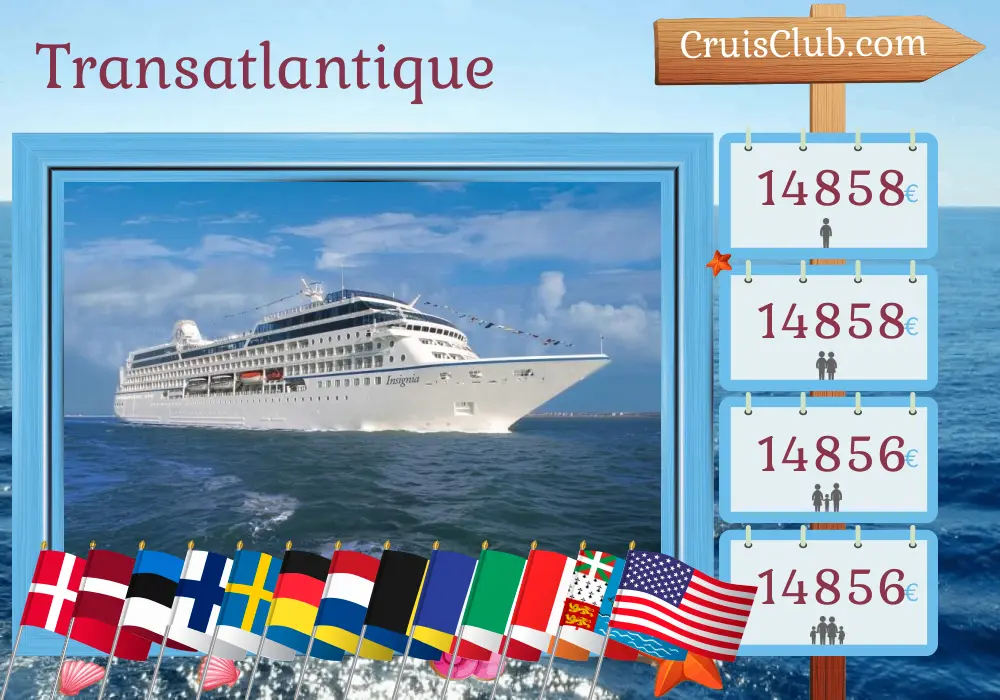 Croisière Transatlantique de Copenhague à New York à bord du navire Insignia avec des visites au Danemark, en Pologne, en Lettonie, en Estonie, en Finlande, en Suède, en Allemagne, aux Pays-Bas, en Belgique, en France, en Irlande, au Canada, à Saint-Pierre-et-Miquelon et aux États-Unis pendant 28 jours