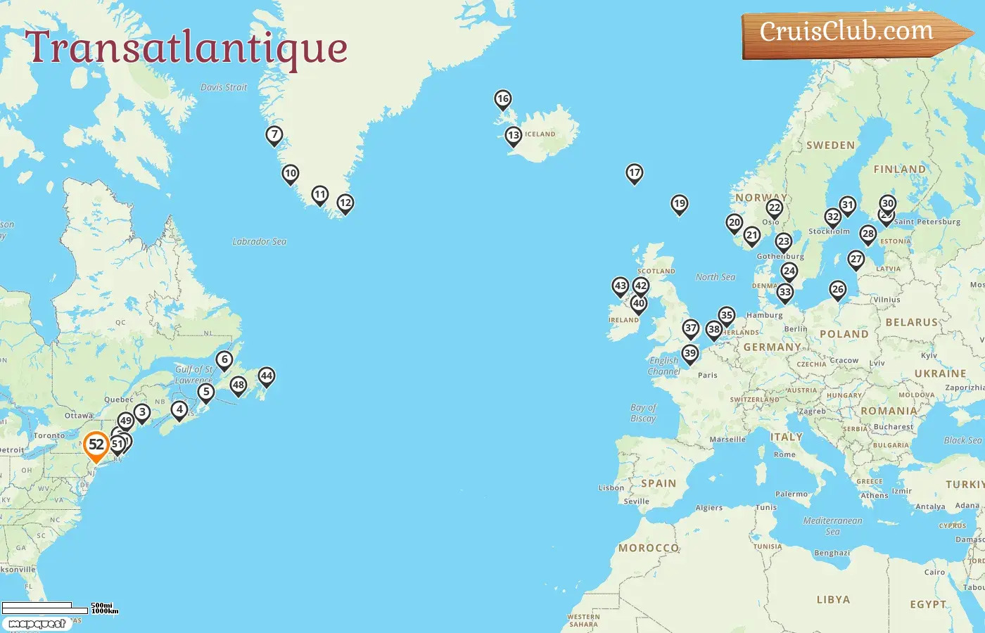 Croisière Transatlantique au départ de New York à bord du navire Insignia avec des visites aux États-Unis, Canada, Groenland, Islande, îles Féroé, Norvège, Suède, Danemark, Pologne, Lettonie, Estonie, Finlande, Allemagne, Pays-Bas, Belgique, France, Irlande, et Saint-Pierre-et-Miquelon pendant 52 jours