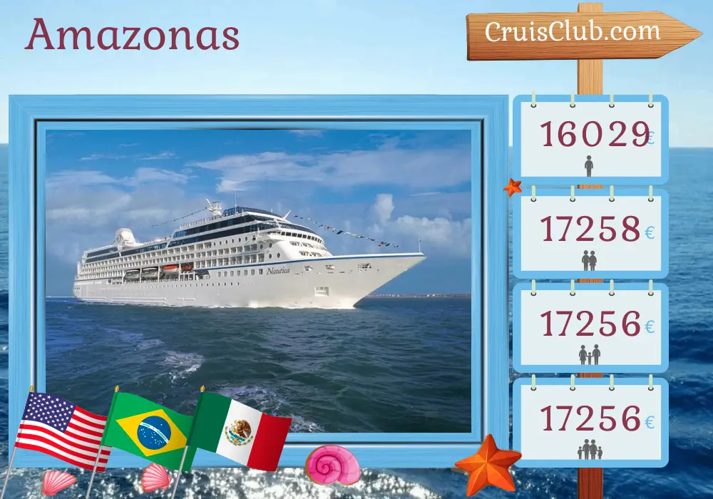 Crucero por el Amazonas desde Miami a bordo del barco Nautica con visitas a Estados Unidos, Santa Lucía, Granada, Trinidad y Tobago, Brasil, Barbados, Dominica, Puerto Rico, Bahamas, México, Belice, Guatemala, Honduras, Costa Rica, Panamá, Colombia, Aruba, Curazao, San Bartolomé y República Dominicana durante 45 días