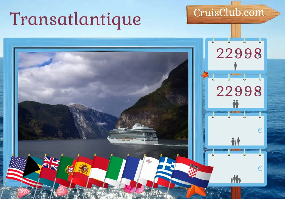 Croisière en Transatlantique de Miami à Trieste à bord du navire Vista avec visites aux États-Unis, aux Bahamas, aux Bermudes, au Portugal, en Espagne, à Monaco, en Italie, en France, à Malte, en Turquie, en Grèce et en Croatie pendant 36 jours