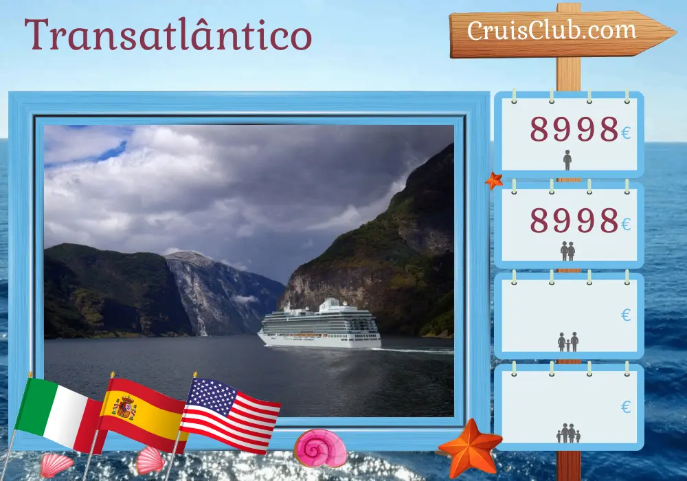 Cruzeiro Transatlântico de Civitavecchia para Miami a bordo do navio Vista com visitas a Itália, Espanha, Gibraltar, Porto Rico e EUA por 16 dias