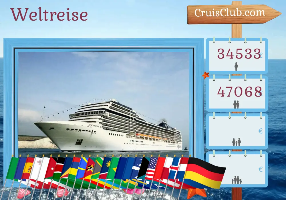 Kreuzfahrt in der Welttour von Genua nach Warnemünde an Bord des MSC Poesia Schiffes mit Besuchen in Italien, Frankreich, Spanien, Malta, Zypern, Israel, Ägypten, Jordanien, Saudi-Arabien, Kenia, Tansania, Seychellen, Mauritius, Réunion, Mosambik, Südafrika, Namibia, Brasilien, Barbados, Saint Lucia, Martinique, Dominikanische Republik, Bahamas, USA, Kanada, Grönland, Island, Niederlande und Deutschland für 121 Tage