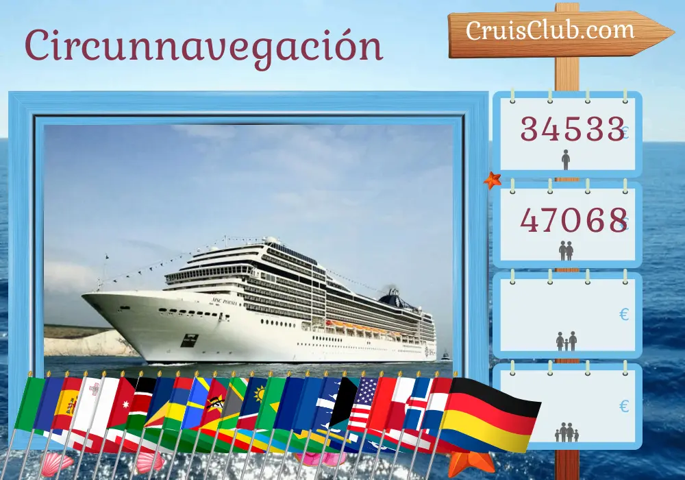 Crucero en el tour mundial desde Génova hasta Warnemünde a bordo del barco MSC Poesia con visitas a Italia, Francia, España, Malta, Chipre, Israel, Egipto, Jordania, Arabia Saudita, Kenia, Tanzania, Seychelles, Mauricio, Reunión, Mozambique, Sudáfrica, Namibia, Brasil, Barbados, Santa Lucía, Martinica, República Dominicana, Bahamas, Estados Unidos, Canadá, Groenlandia, Islandia, Países Bajos y Alemania durante 121 días