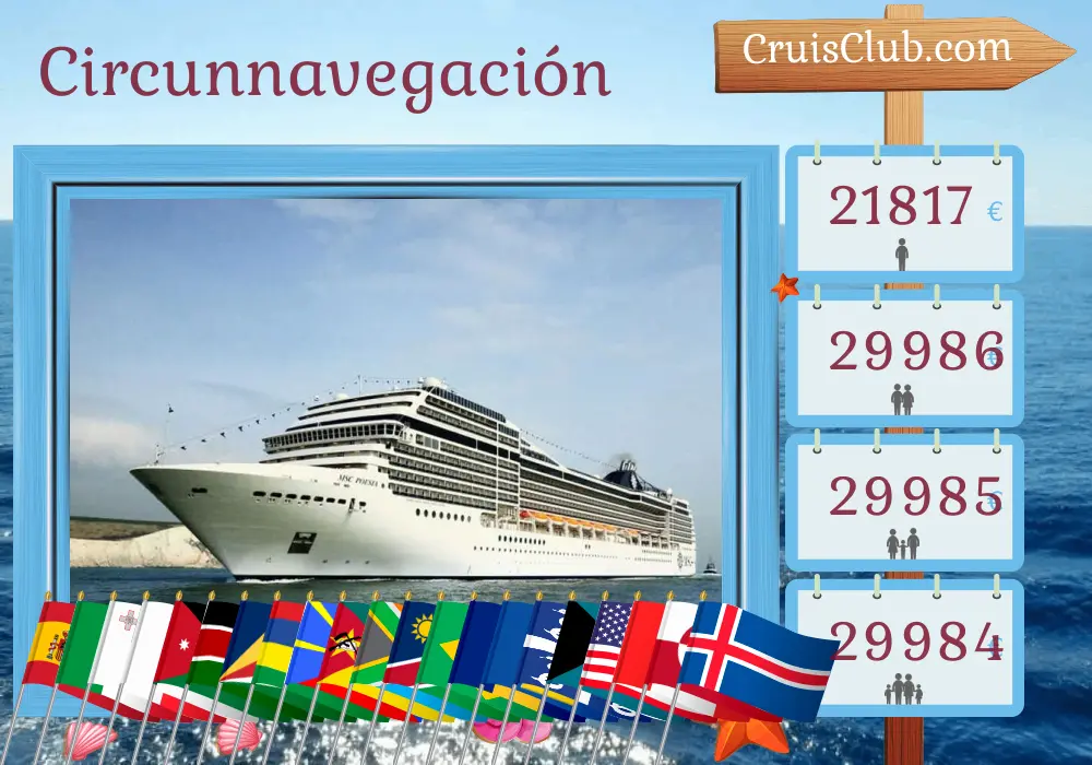 Crucero en el tour mundial desde Barcelona hasta Southampton a bordo del barco MSC Poesia con visitas a España, Italia, Malta, Chipre, Israel, Egipto, Jordania, Arabia Saudita, Kenia, Tanzania, Seychelles, Mauricio, Reunión, Mozambique, Sudáfrica, Namibia, Brasil, Barbados, Santa Lucía, Martinica, República Dominicana, Bahamas, Estados Unidos, Canadá, Groenlandia e Islandia durante 113 días