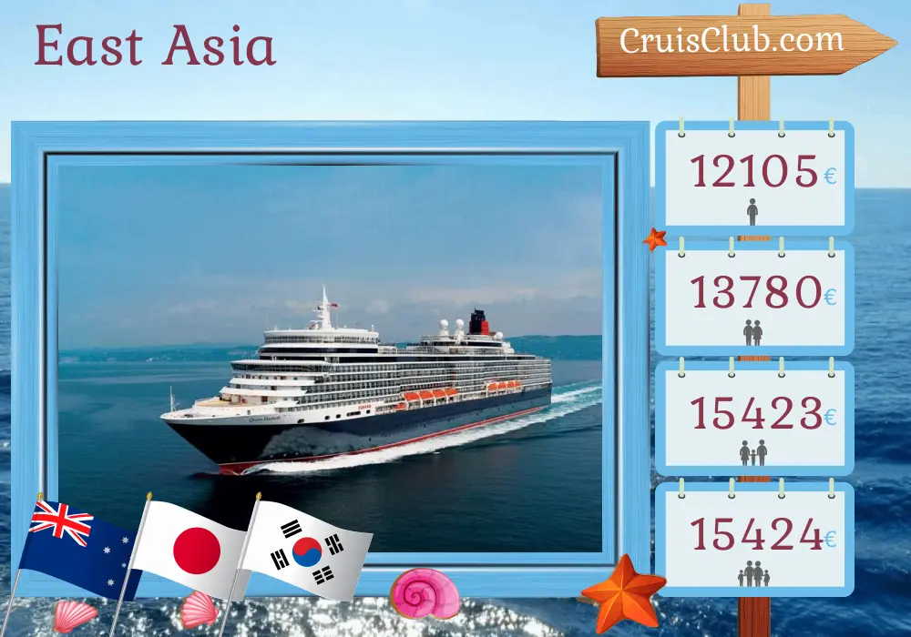 Kreuzfahrt in Ostasien von Melbourne nach Tokio an Bord des Schiffes Queen Elizabeth mit Besuchen in Australien, Papua-Neuguinea, Guam, Japan und Südkorea für 32 Tage