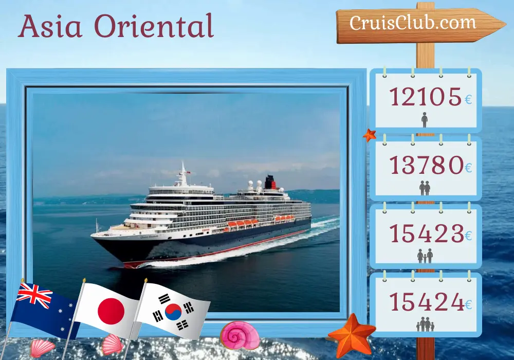 Crucero en el este de Asia desde Melbourne a Tokio a bordo del barco Queen Elizabeth con visitas a Australia, Papúa Nueva Guinea, Guam, Japón y Corea del Sur durante 32 días