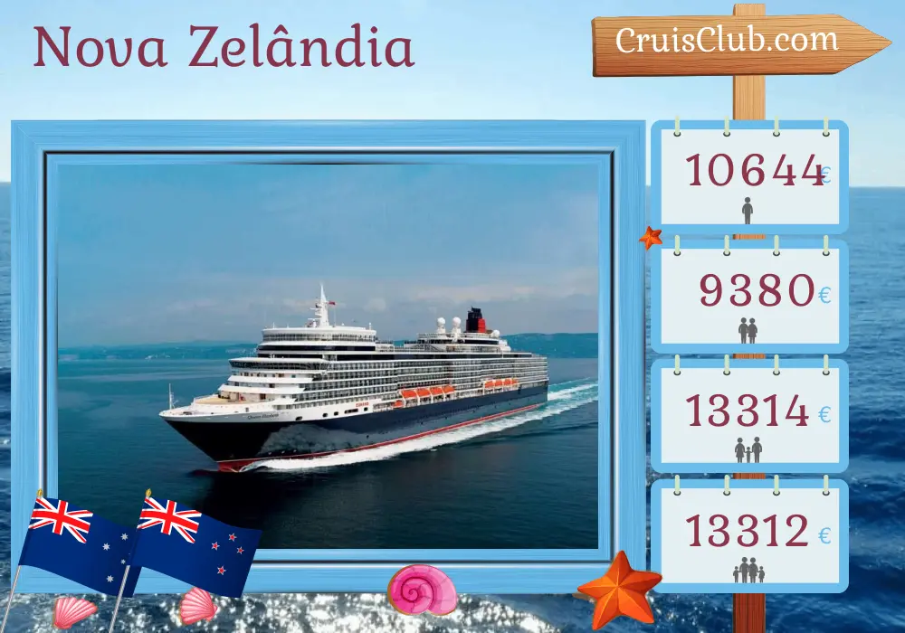 Cruzeiro na Nova Zelândia desde Sydney a bordo do navio Queen Elizabeth com visitas à Austrália e à Nova Zelândia por 23 dias