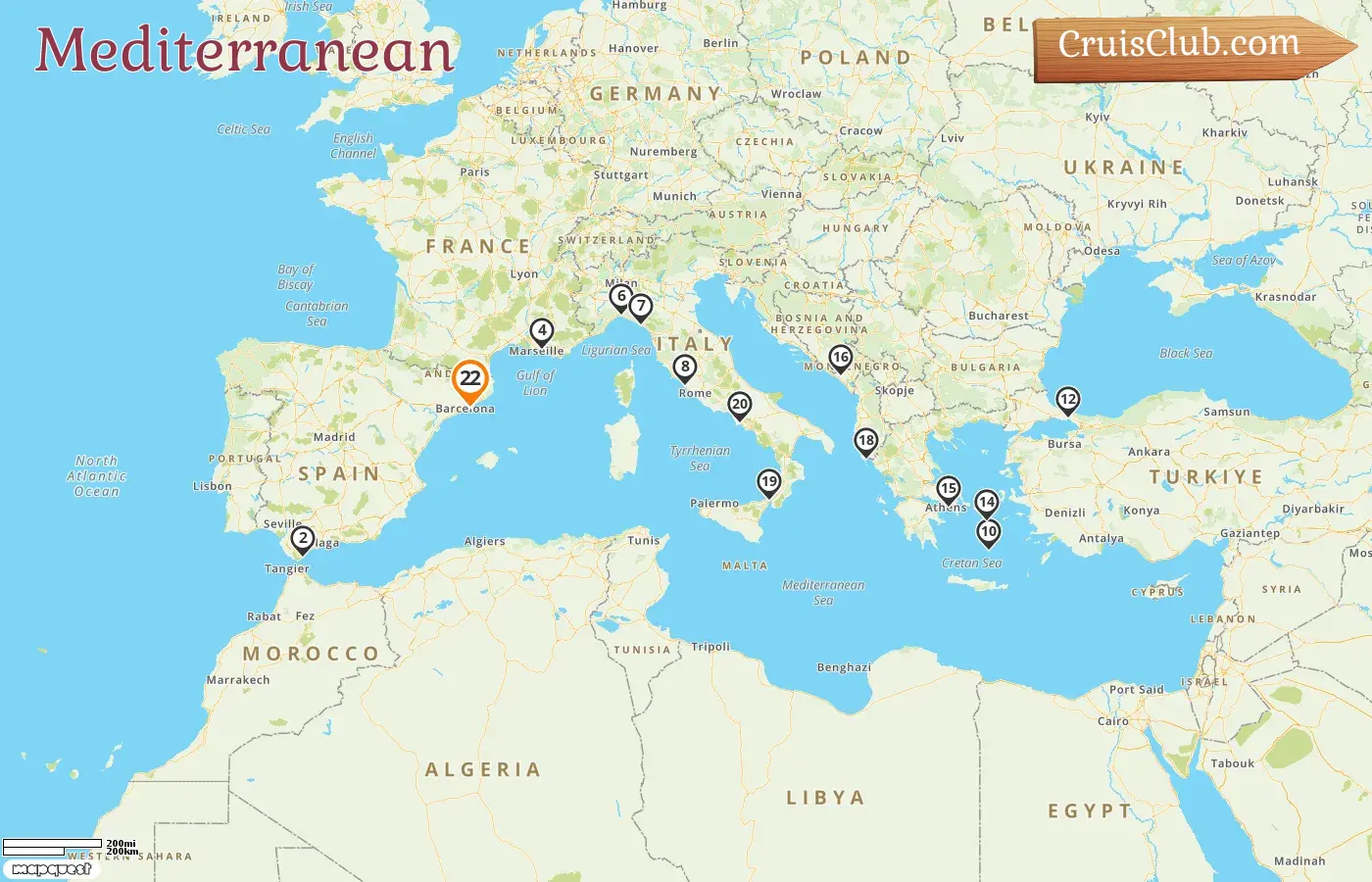 Cruise in the Mediterranean from Barcelona aboard Sun Princess ship with visits to Spain, Gibraltar, France, Italy, Greece, Turkey, and Montenegro for 22 days