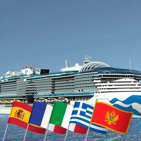 Crucero por el Mediterráneo desde Barcelona a bordo del barco Sun Princess con visitas a España, Gibraltar, Francia, Italia, Grecia, Turquía y Montenegro durante 22 días