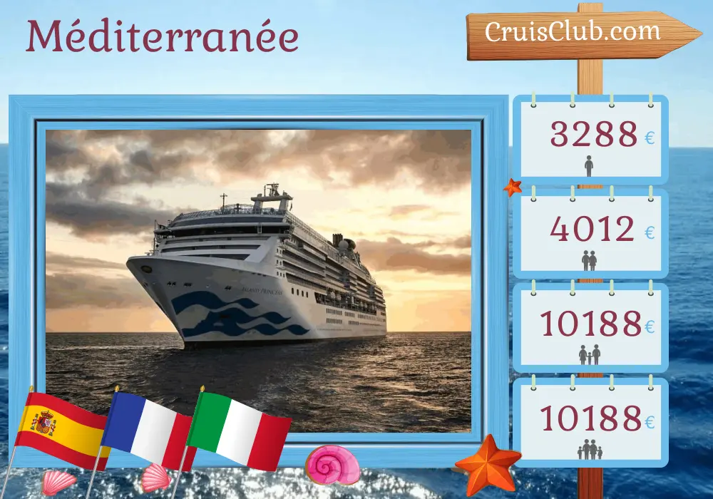 Croisière en Méditerranée de Barcelone à Civitavecchia à bord du navire Island Princess avec des visites en Espagne, à Gibraltar, en France et en Italie pendant 11 jours