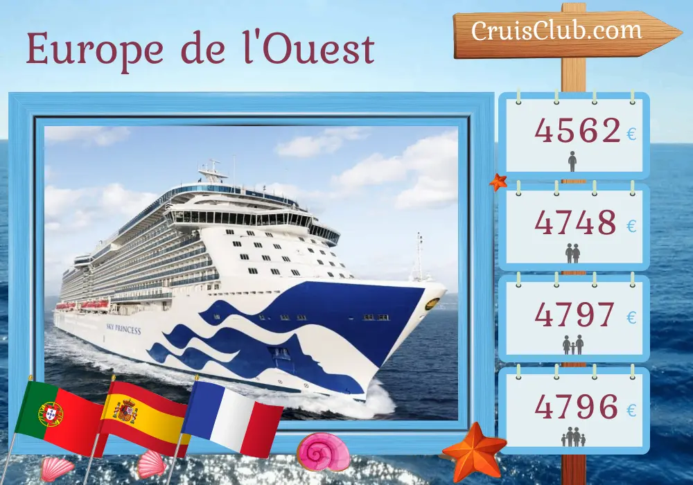 Croisière en Europe de l`Ouest au départ de Southampton à bord du navire Sky Princess avec des escales au Portugal, en Espagne, à Gibraltar et en France pendant 15 jours