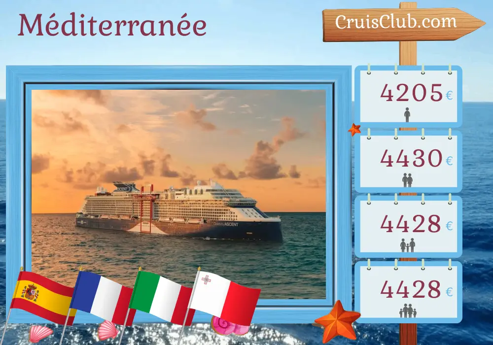 Croisière en Méditerranée de Barcelone à Civitavecchia à bord du navire Celebrity Ascent avec des visites en Espagne, en France, en Italie et à Malte pendant 10 jours