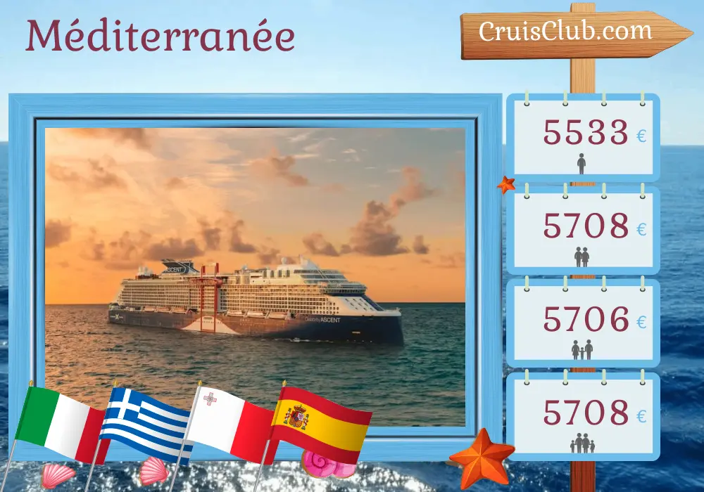 Croisière en Méditerranée de Civitavecchia à Barcelone à bord du navire Celebrity Ascent avec des visites en Italie, en Grèce, en Turquie, à Malte et en Espagne pendant 12 jours