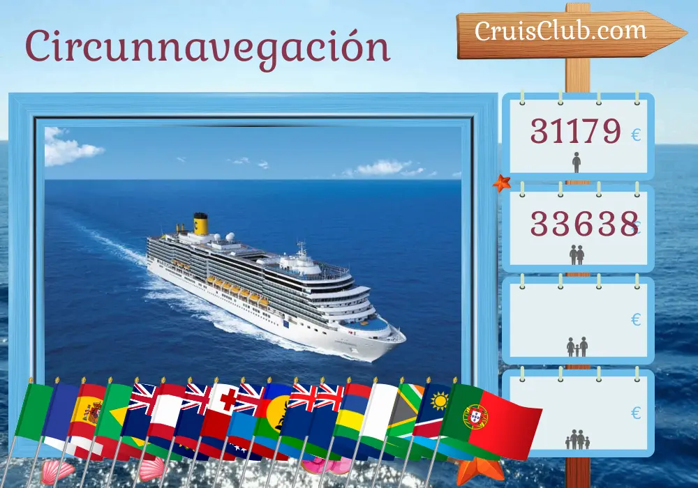 Cruise Mundial desde Savona a bordo del barco Costa Deliziosa con visitas a Italia, Francia, España, Marruecos, Brasil, Uruguay, Argentina, Chile, Pitcairn, Polinesia Francesa, Islas Cook, Tonga, Fiji, Nueva Caledonia, Nueva Zelanda, Australia, Mauricio, Madagascar, Sudáfrica, Namibia y Portugal durante 121 días