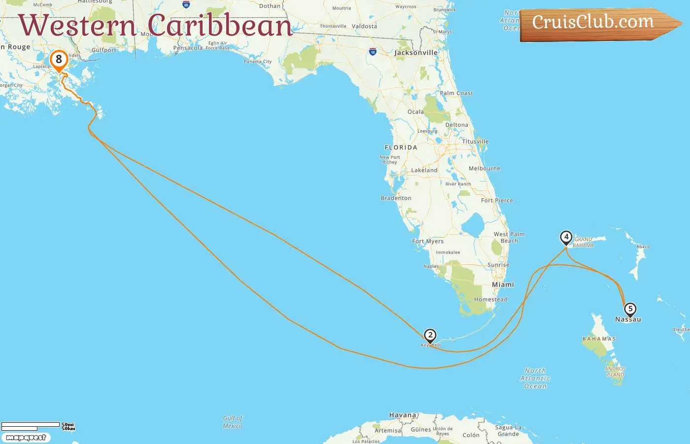 Cruise in the Western Caribbean from New Orleans aboard Carnival Liberty ship with visits to USA and Bahamas for 8 days