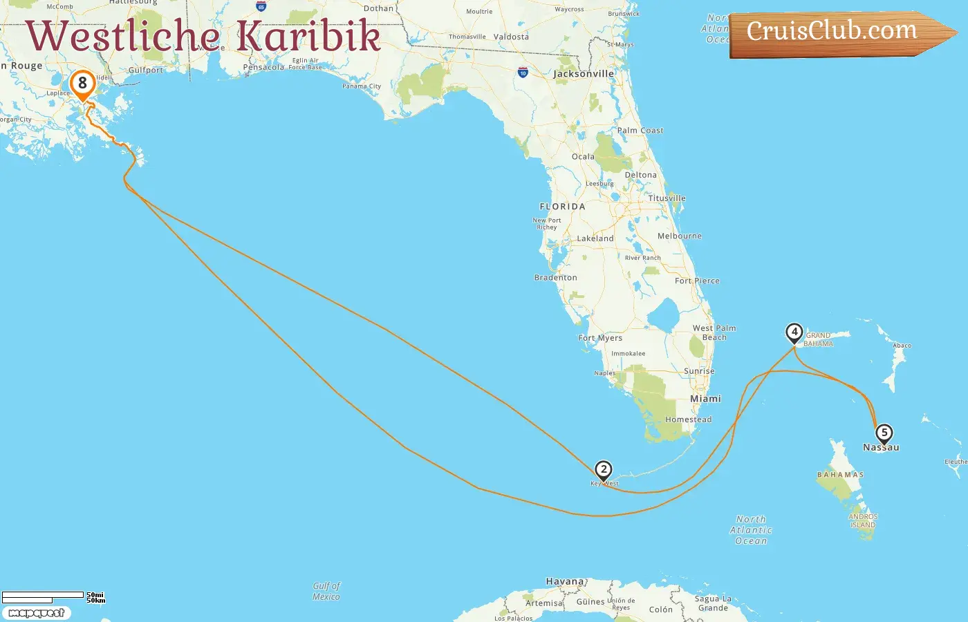 Kreuzfahrt in der westlichen Karibik ab New Orleans an Bord des Carnival Liberty-Schiffs mit Besuchen in den USA und den Bahamas für 8 Tage