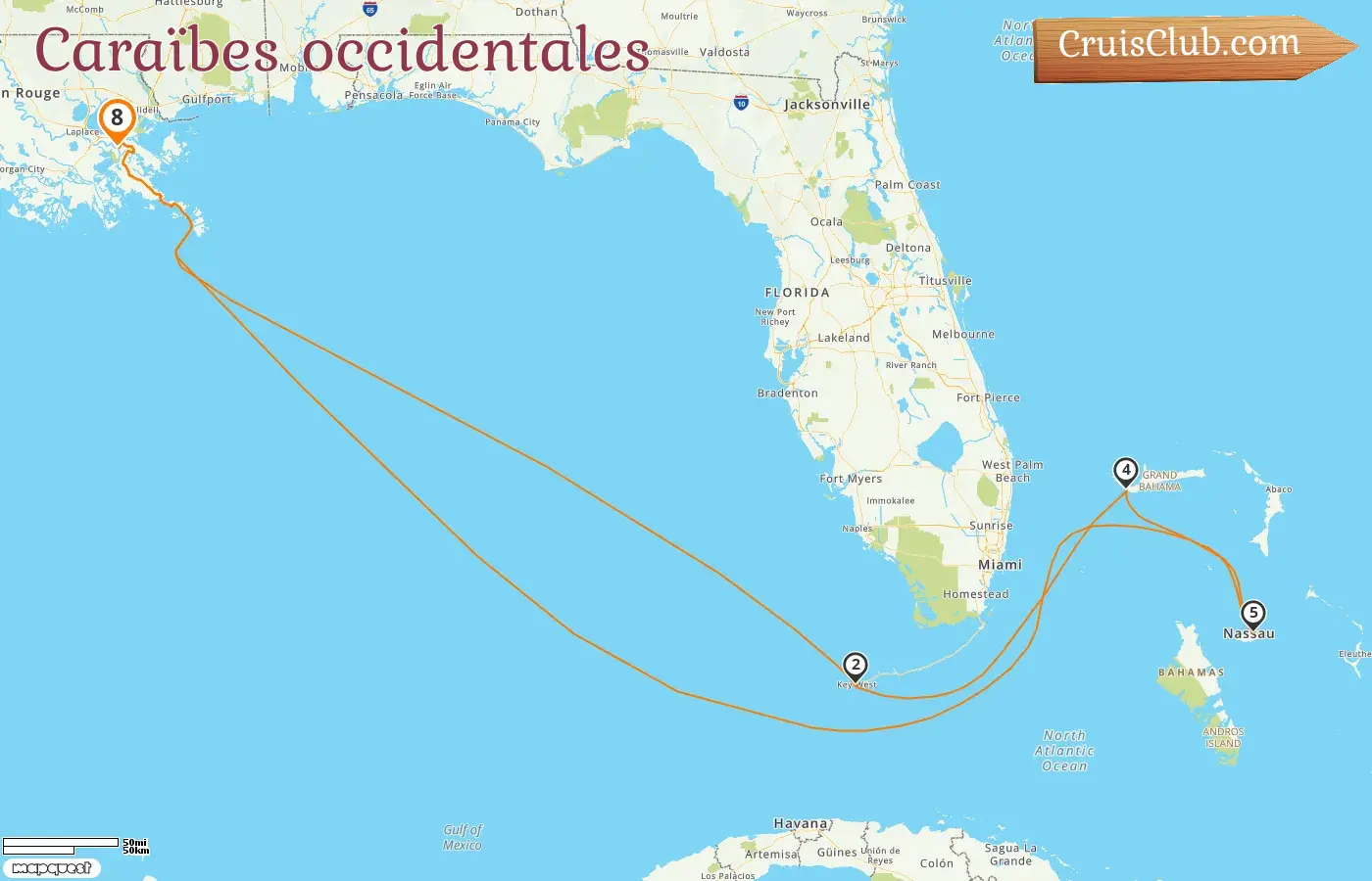 Croisière dans les Caraïbes de l`Ouest au départ de La Nouvelle-Orléans à bord du navire Carnival Liberty avec escales aux États-Unis et aux Bahamas pendant 8 jours