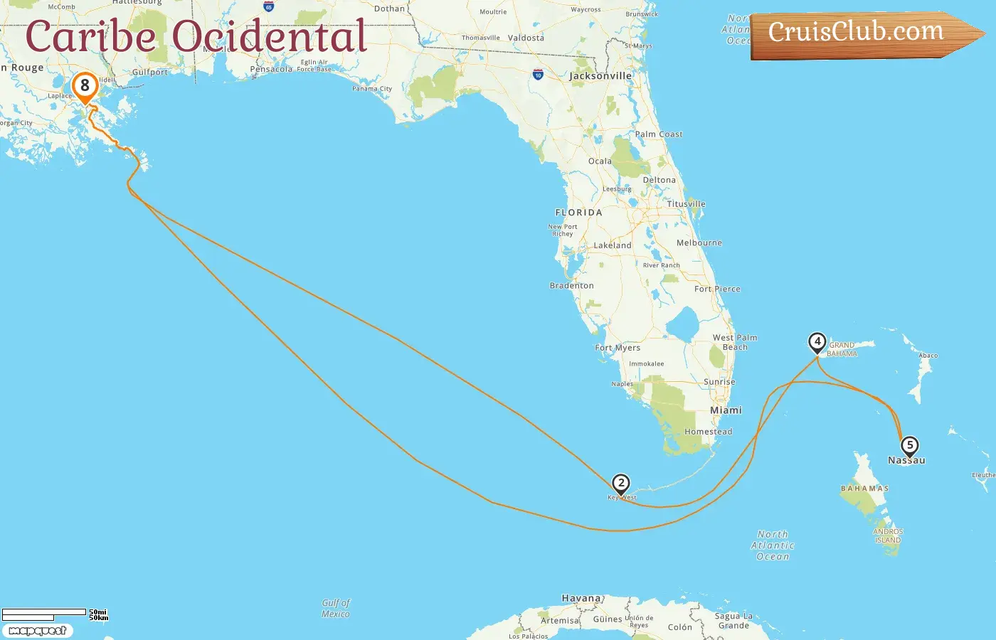 Cruzeiro no Caribe Ocidental a partir de Nova Orleans a bordo do navio Carnival Liberty com visitas aos EUA e às Bahamas por 8 dias